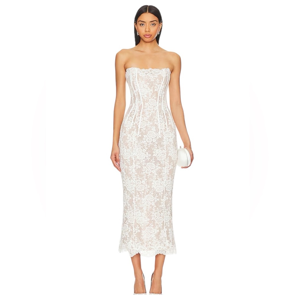 V. Chapman White Tan Strapless Sheath Midi Dress